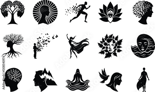 Mind, Body, Spirit, Nature, Wellness, Yoga, Growth, Balance, Tranquility, Icons