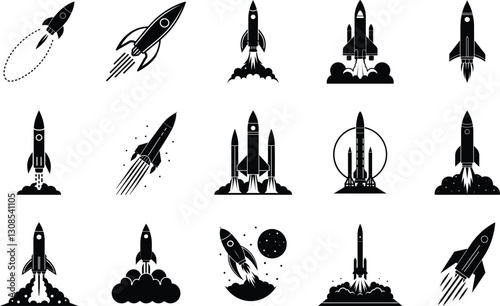 Space Rocket Launch Icons Diverse Silhouettes and Flight Stages