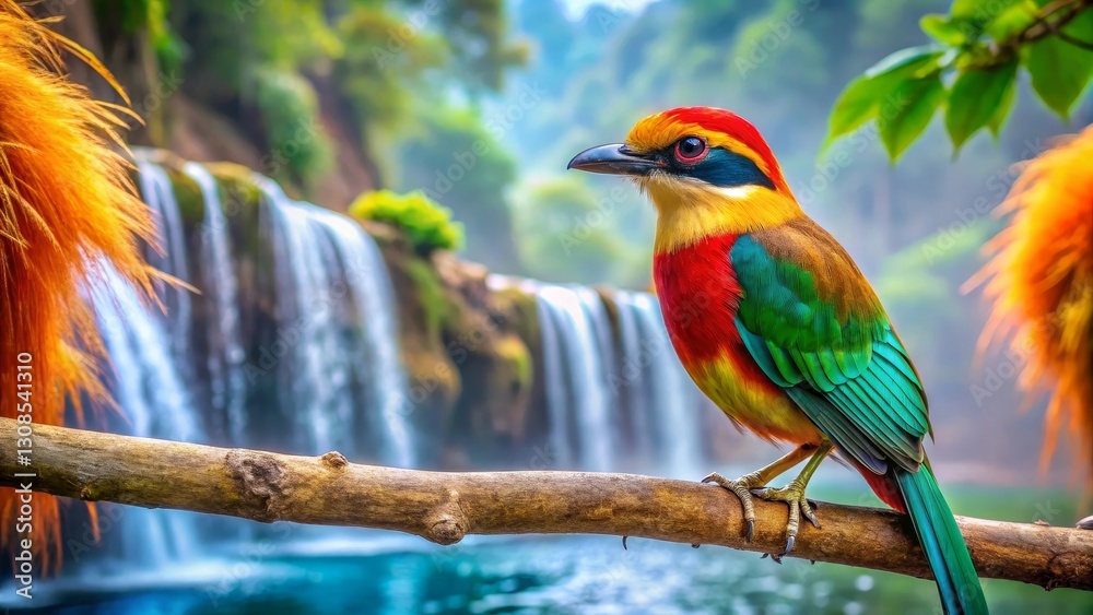 Vibrant Rainbow Bird Perched on Branch Near Cascading Waterfall in Lush Tropical Paradise Vibrant Rainbow Bird Perched on Branch Near Cascading Waterfall in Lush Tropical Paradise