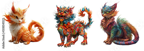 Fairy fire cat set isolated on transparent background. PNG. Generated AI. photo