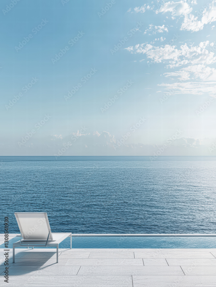Fototapeta premium Serene Coastal Escape: An inviting chaise lounge on a bright, minimalist patio offers a tranquil view of the open sea under a soft, cloud-dappled sky. 