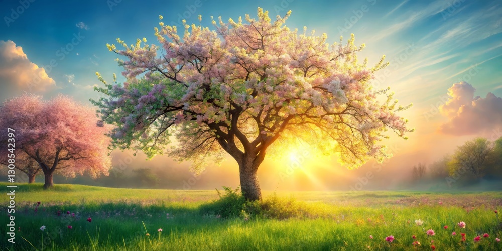 Serene Sunrise Illuminates a Blossoming Tree in a Verdant Meadow Serene Sunrise Illuminates a Blossoming Tree in a Verdant Meadow