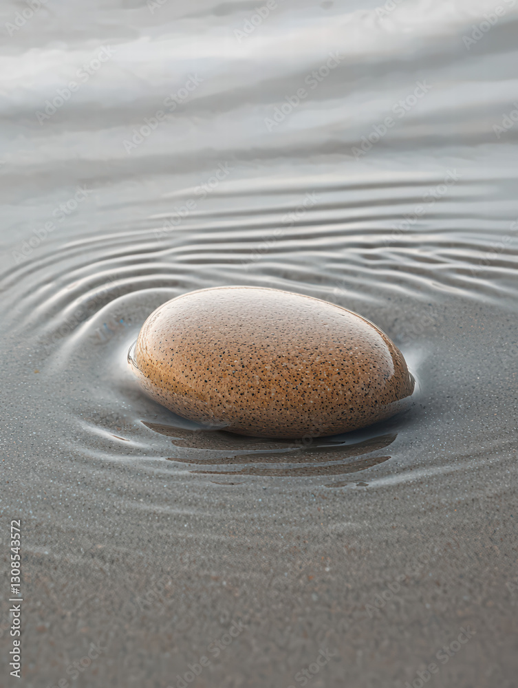 Obraz premium Smooth Stone in Water: A perfectly smooth, water-worn stone rests serenely in shallow water, with concentric ripples radiating outwards. A moment of zen, a simple beauty of nature.