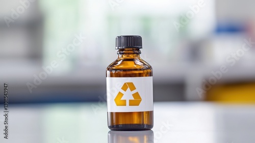 Clear bottle of liquid with prominent chemical hazard labeling indicating safe handling and storage instructions for use