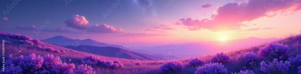 Fototapeta premium Pastel shades of peach and lavender light up a serene landscape under a starry sky, starry night, space