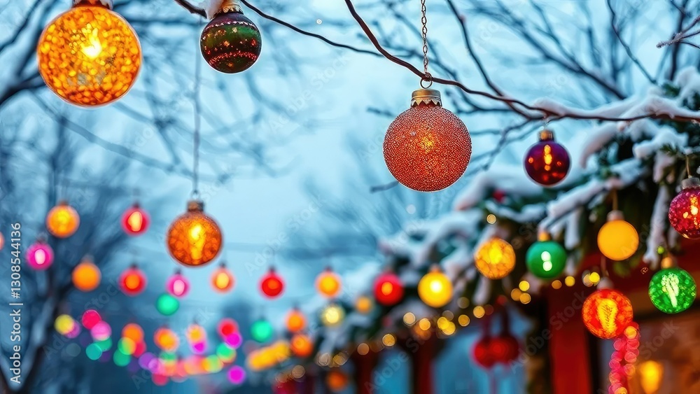 Obraz premium Colorful Christmas lights and balls hang from a winter sky, Holiday, Seasonal, Winter