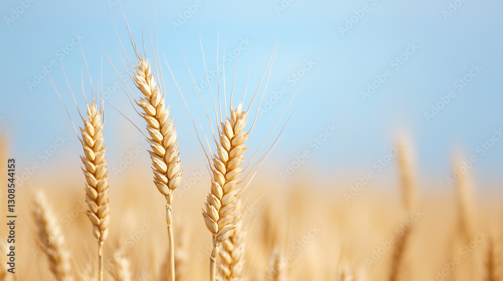 Golden Wheat Against Blue Sky: Close-up of golden wheat spikes against a clear blue sky, symbolizing harvest, agriculture, and natural abundance. Golden Wheat Against Blue Sky: Close-up of golden wheat spikes against a clear blue sky, symbolizing harvest, agriculture, and natural abundance.