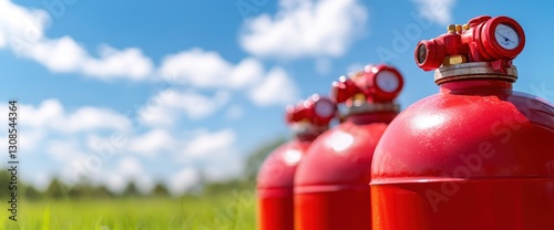 Two bright red fire hydrants positioned in open field representing compressed gas storage safety and fire prevention measures
