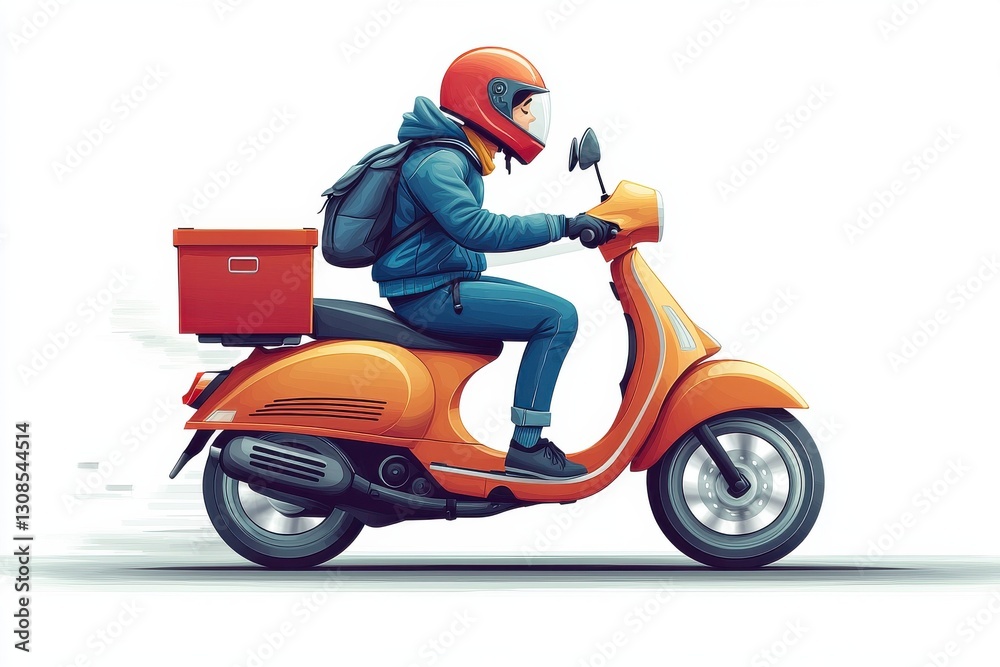 Illustration of a delivery person riding a scooter with a red box Illustration of a delivery person riding a scooter with a red box