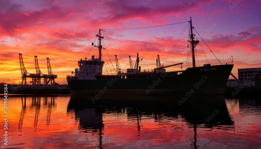 Silhouette of a ship at sunset in shipyard, maritime tranquility Silhouette of a ship at sunset in shipyard, maritime tranquility