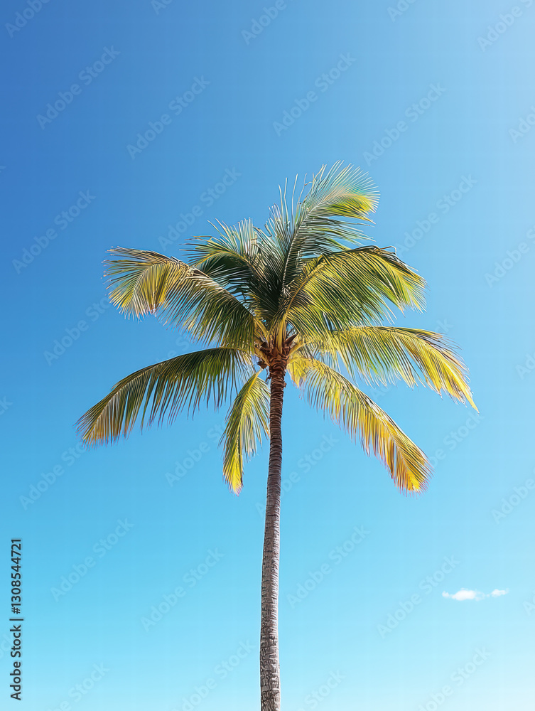 Obraz premium Tropical Paradise: A majestic palm tree, reaching skyward with its lush fronds against the azure blue sky, evokes feelings of serenity and escape.
