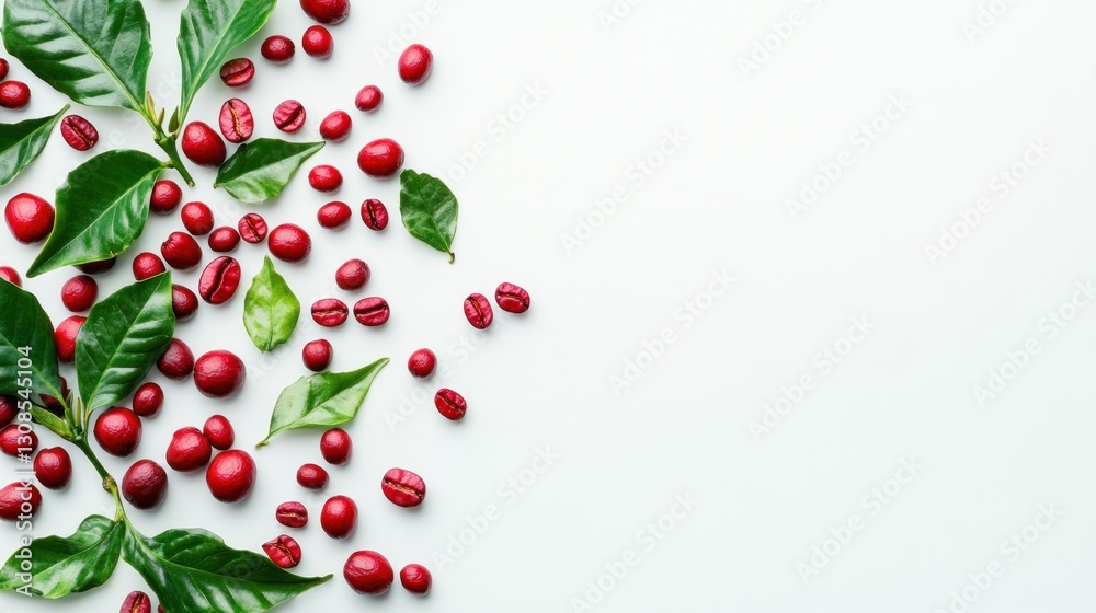 Coffee beans and leaves scattered on white background.