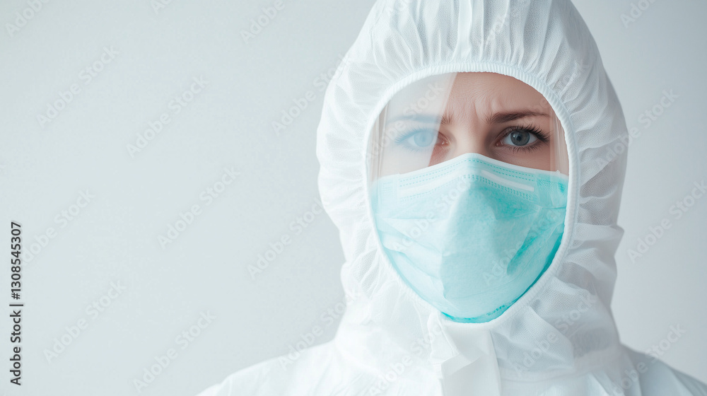 Protective Gear: A healthcare worker dressed in a full protective suit, face mask, and shield stares directly at the camera, embodying caution and dedication in times of health crisis. Protective Gear: A healthcare worker dressed in a full protective suit, face mask, and shield stares directly at the camera, embodying caution and dedication in times of health crisis.