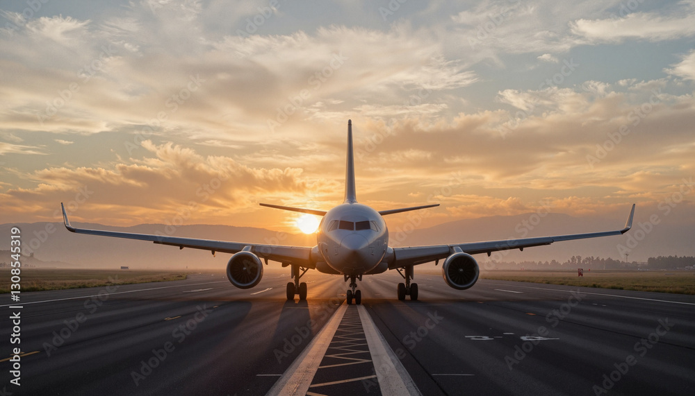 Obraz premium Airplane on empty runway at dawn, serene travel anticipation