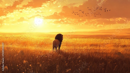 A breathtaking view of a lion standing proudly on the savanna, bathed in golden sunlight with the vast plains behind it