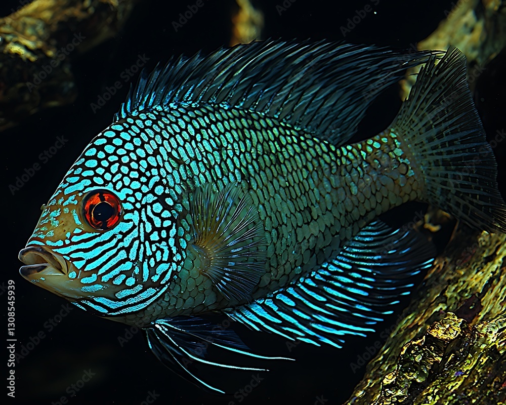 Obraz premium Turquoise Cichlid Swims Aquarium