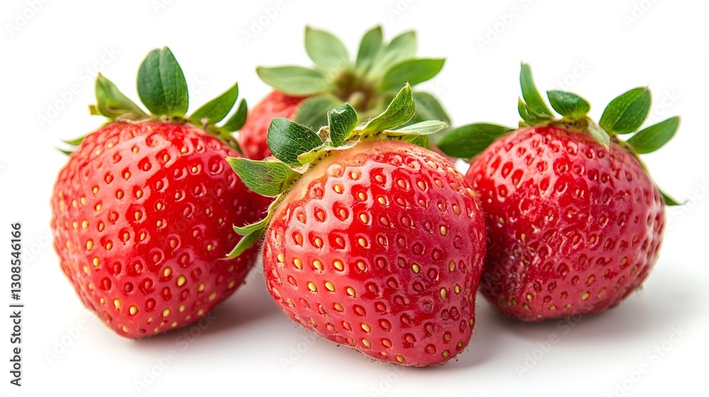 Four ripe red strawberries with green leaves on white background. Four ripe red strawberries with green leaves on white background.