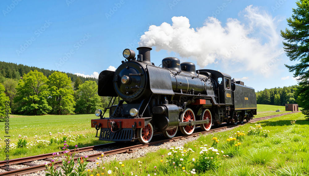 Steam locomotive parked in lush green countryside under clear skies, nostalgia Steam locomotive parked in lush green countryside under clear skies, nostalgia