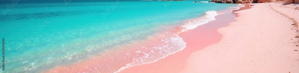 Stunning pink sand, crystal turquoise water High-angle shot; ample copy space , summer, scenic view Stunning pink sand, crystal turquoise water High-angle shot; ample copy space , summer, scenic view