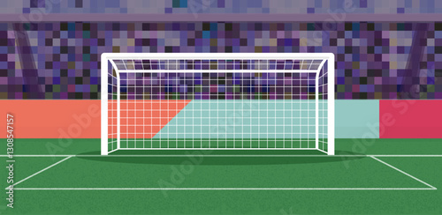Soccer goal on stadium field vector graphic illustration, football sport post or goalpost on abstract crowd match spectators empty on green grass image
