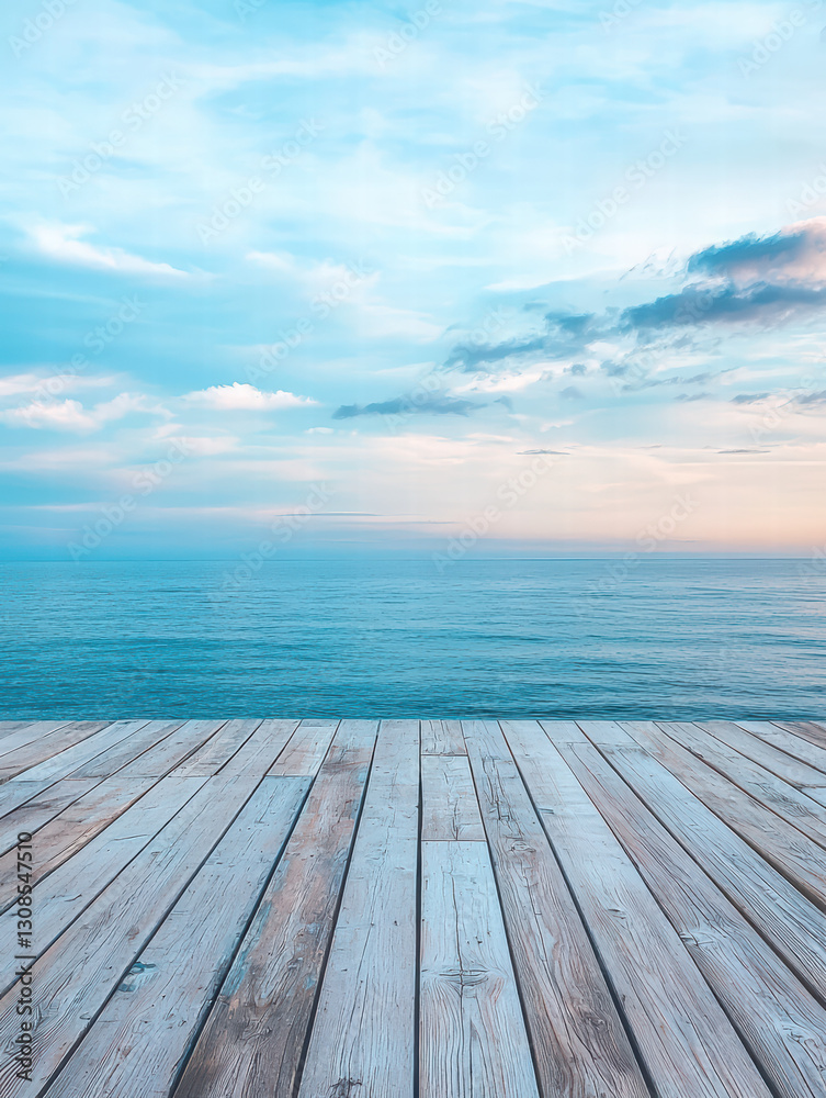 Ocean Serenity: a calm ocean under a serene blue sky, viewed from a wooden deck, evoking peace and tranquility. Ocean Serenity: a calm ocean under a serene blue sky, viewed from a wooden deck, evoking peace and tranquility.