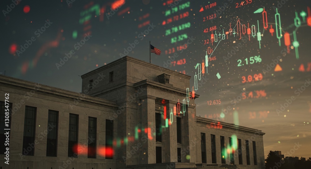 Fototapeta premium Federal Reserve building with floating stock market indicators, symbolizing economic policies, interest rates, and financial regulations.