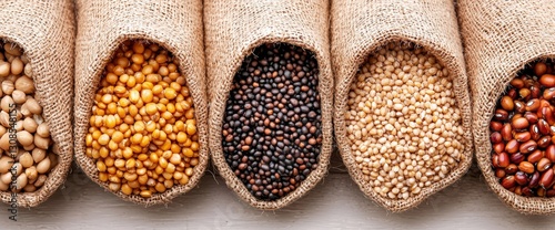 Variety of beans displayed in a colorful arrangement with ethically sourced labels highlighting their organic quality