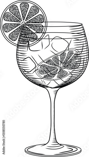 Spritz or limoncello cocktail vector illustration in sketch style. Hand drawn line art for menu and recipes. Monochrome engraving of traditional Italian aperitif.	