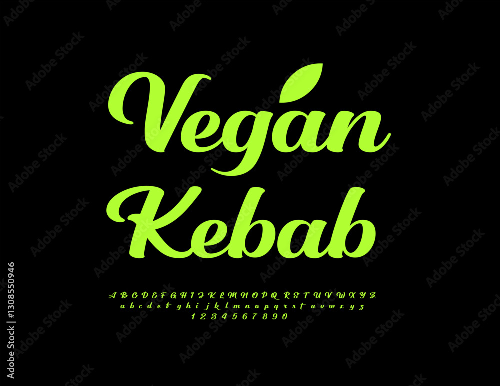 Fototapeta premium Vector Eco label Vegan Kebab. Beautiful Calligraphic Green Font. Trendy Cursive Alphabet Letters and Numbers set.