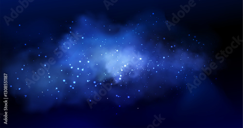Smoke sparkle background with glowing blue nebula effect and scattered shimmering stars. Mystical cosmic atmosphere with luminous particles and vapor cloud. Dreamy night sky with magic fog and glitter