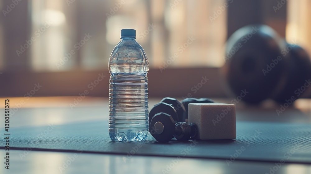 Water Bottle Dumbbells And Foam Block Resting On Mat Water Bottle Dumbbells And Foam Block Resting On Mat