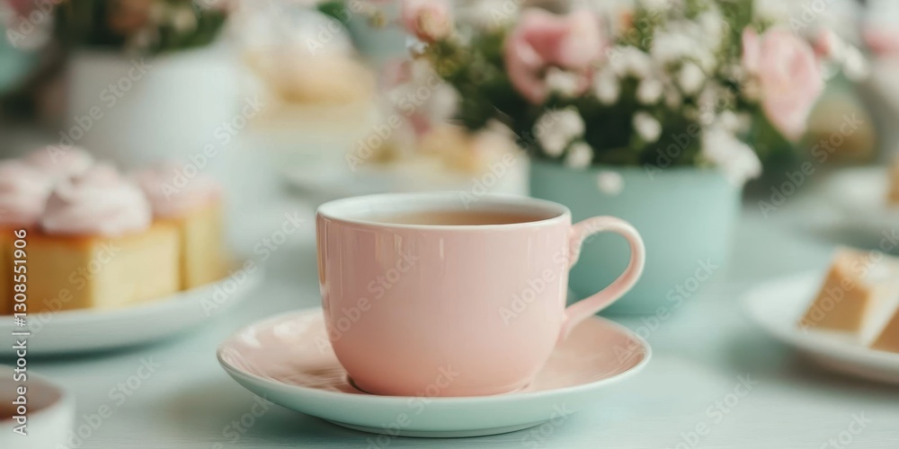 National tea day with relaxation and wellness idea. Delicate pink cup amidst a pastel tea setting.