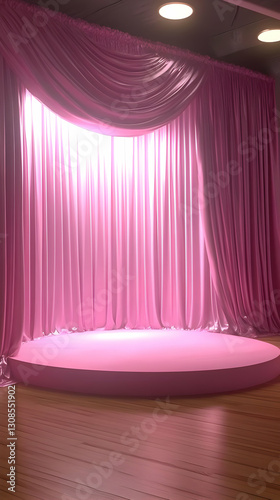 Pink stage, spotlight, curtain, presentation, backdrop