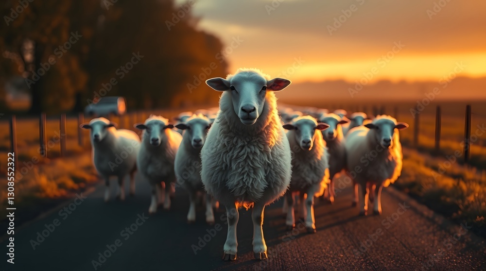 Fototapeta premium Sheep Herd Walking on Road at Sunset with Golden Light