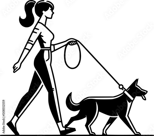 Woman walking the dog. An illustration featuring a young woman walking her dog in a park. EPS 10 version.	