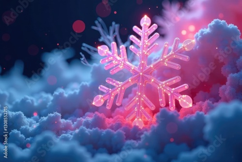 Pink and blue glowing snowflake with smoky tendrils, pink glow, surreal