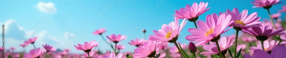 Pink aster in full bloom against a clear blue sky, pink, landscape, color Pink aster in full bloom against a clear blue sky, pink, landscape, color
