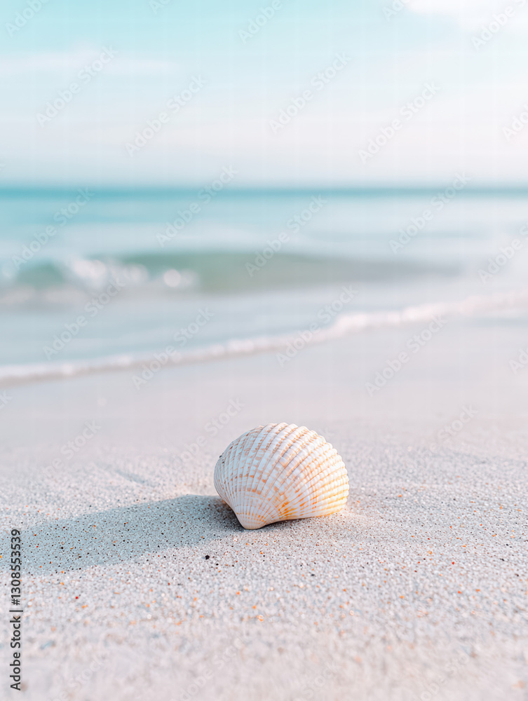 Seashell on Sandy Shore: A single, pristine seashell rests gracefully on the smooth, sun-kissed sand, with the tranquil ocean waves gently lapping in the background. Seashell on Sandy Shore: A single, pristine seashell rests gracefully on the smooth, sun-kissed sand, with the tranquil ocean waves gently lapping in the background.