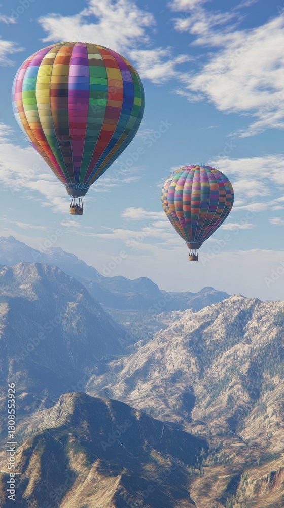 Vibrant hot air balloons soar above breathtaking mountain ranges on a sunny day. A captivating aerial view perfect for travel, adventure, or nature-themed projects.. AI Generation Vibrant hot air balloons soar above breathtaking mountain ranges on a sunny day. A captivating aerial view perfect for travel, adventure, or nature-themed projects.. AI Generation