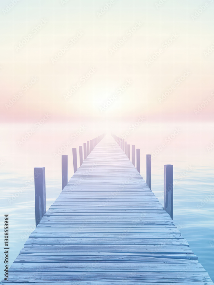Fototapeta premium Pier to Serenity: A long wooden pier extends towards the horizon, disappearing into a soft, pastel-colored sky reflecting on calm waters.