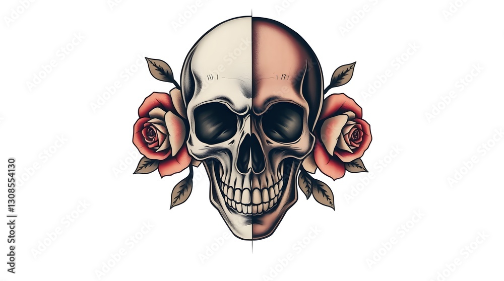 Fototapeta premium Skull and Roses Tattoo Design with Half-tone Shading and Symmetry