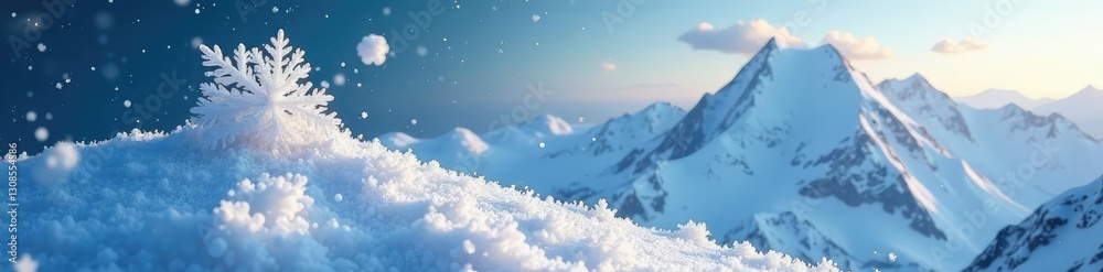 Obraz premium Snowflakes fall gently on a snowy mountain peak, snowflake, peaceful scene