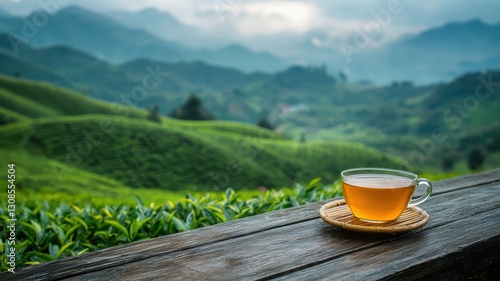 National tea day with relaxation and wellness idea. Warm tea on a wooden table overlooking lush green hills.