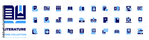 Literature icon collection. Bold style. Duotone colors. literature, download, reading, add, open book, book, books, writting, thesis, magnifying glass