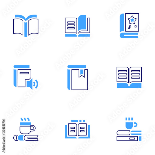 Literature icon set. Bold line style. Duotone colors. Editable stroke. book, reading, open book, audio book, writting