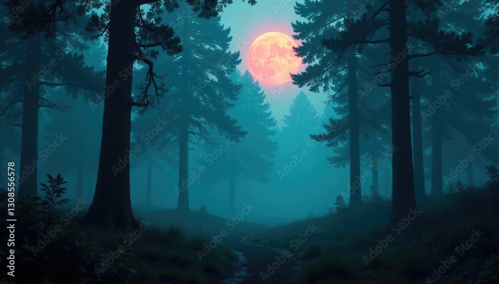 Fototapeta premium Twilight forest with towering trees and glowing fog, overgrown, fog