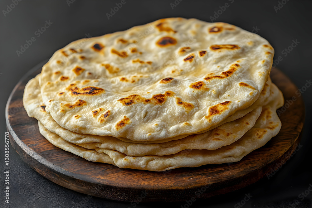 Stack of warm flatbreads on dark wooden platter with soft lighting and shallow depth of field Stack of warm flatbreads on dark wooden platter with soft lighting and shallow depth of field