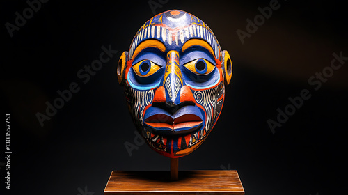 mask artistically designed with bold patterns and vibrant colors displayed on a wooden stand 