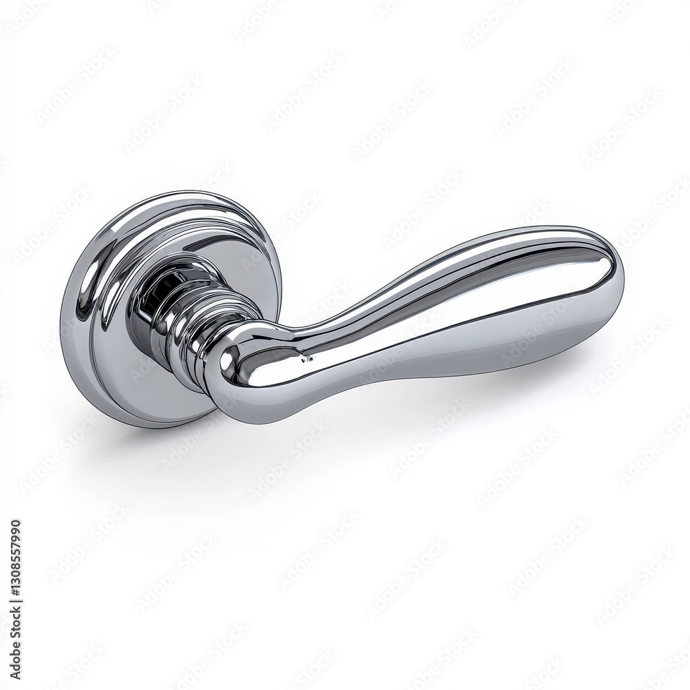 Elegant Chrome Door Handle with Curved Lever and Ribbed Rose Elegant Chrome Door Handle with Curved Lever and Ribbed Rose