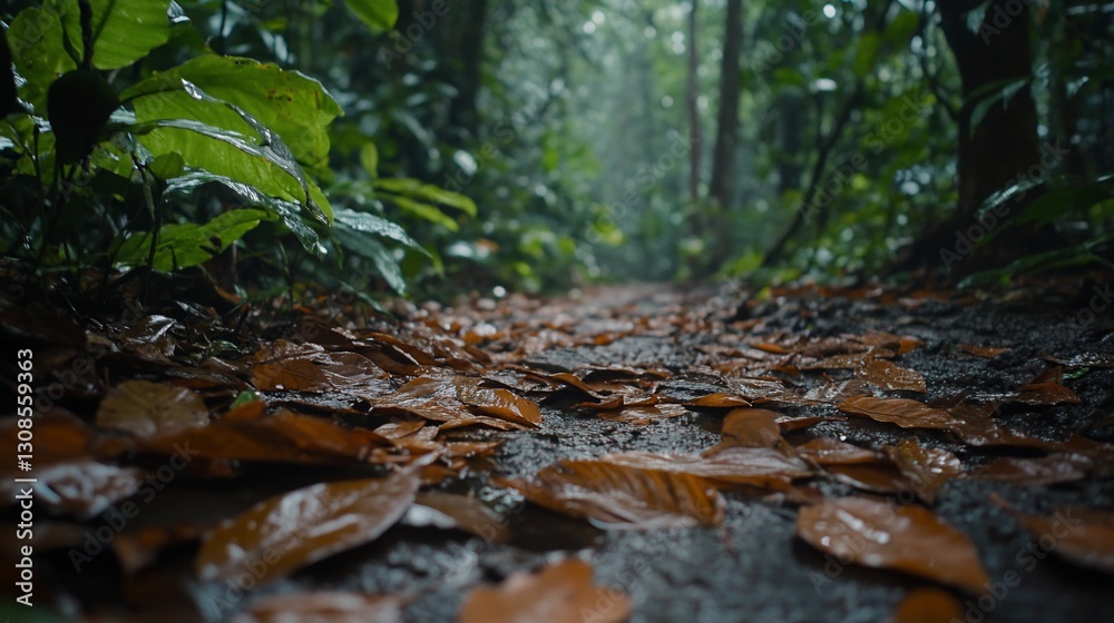 Rain-soaked path through lush rainforest, brown leaves scattered on ground, low angle view. Rain-soaked path through lush rainforest, brown leaves scattered on ground, low angle view.